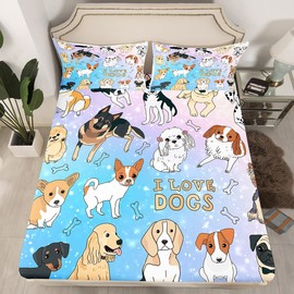 Cute Dogs Kids Fitted Sheet Queen Size,Corgi Pug Bones Cartoon Bedding Set,Girls Boys Adults Bedroom Decor,Kawayi Animals Pets Lovely Bed Cover,Starry Sky Romantic Bed Sheet,2 Pillowcases