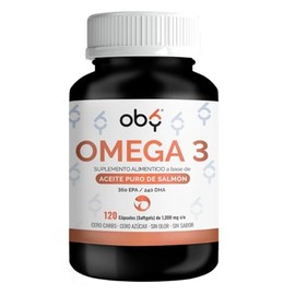 OBY Omega 3, 120 softgels de 1300 mg. Aceite Salmon Salvaje Puro Alta concentracion: Omega 3 1000 mg + DHA y EPA. Sin sabor y sin Olor