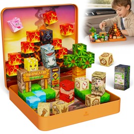 hunloot Dinosaur Magnetic Blocks Travel: 4 Story Missions & Explorer Figure for 45+ Min Quiet Focus, 350g Portable Tin 49PCS Travel Prehistoric Cubes Toy Set for Car Airplane Activities Kids Ages 3-8