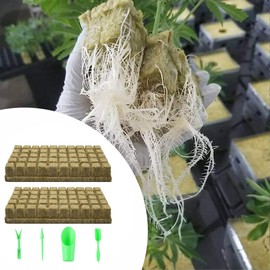 LONGHAO 50 + 4 x Wool Plant Stoppers, Rock Wool Stoppers, Rock Wool Blocks, Rock Wool Cubes, Hydroponic Rock Wool Cubes, with 4 Seedling Transplanting Tools, for Growing