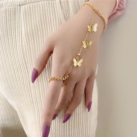 Yheakne Vintage Butterfly Finger Ring Bracelet Hand Chain Gold Butterfly Ring Hand Chain Bracelet Butterfly Tassel Chain Bracelet Slave Hand Harness Bracelet Jewellery for Women (Gold), Zinc