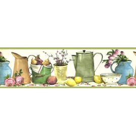 CONCORD WALLCOVERINGS ™ Wallpaper Border Garden Pattern Flowers Fruits Dishes Buckets on Shelf for Cottage Farm House, Cream Green Beige Red Blue Yellow Green Brown, 7 Inches by 15 Feet KB79738