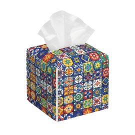 Colorful Talavera Tile Tissue Box Cover Square, Waterproof Leather Tissue Box Holder Portable Dispenser Modern Home Decoration for Bathroom Car Nightstand Vanity