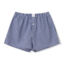 Women Gingham Boxer Shorts Y2k Cute Stripes Plaid Button Elastic Waist Lounge Boxers Dark Blue M