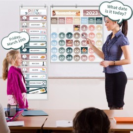 Monthly Calendar Pocket Chart for Classroom, Daily Schedule Pocket Chart with12 Pcs Double-Sided Reusable Cards, Printed Day of the Week, Learning for Home or Preschool(White Calendar+Daily Schedule)