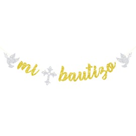 Mi Bautizo Banner, Spanish Baptism Decorations, First Holy Communion/God Bless Banner, Christening Party Supplies, Religious Baby Shower Decoration Gold Glitter