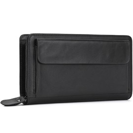 Wifreo Genuine Leather, Second Bag, Men's, Large Capacity, Smartphone Compatible, Leather Clutch Bag, 8 Card Slots, Coin Purse, Round Zipper, Clutch Wallet, Gentleman, Handheld Bag, Parties, Weddings, Popular Bag, Lightweight, Black