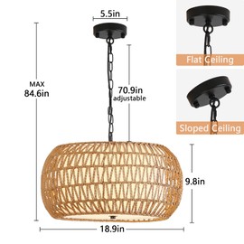 Capslpad Boho Rattan Chandelier Light Fixtures 19" Large 5-Lights Farmhouse Pendant Light with Fabric Shade Rustic Hand Woven Shade Vintage Hanging Lights for Dining Room Kitchen Island Foyer