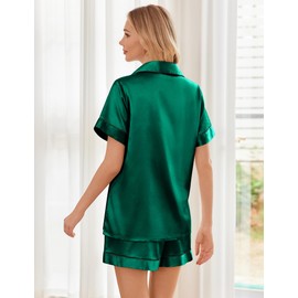 Ekouaer Womens Silk Satin Pajama Sets Soft Short Sleeve Button Down Sleepwear Top and Shorts 2 Piece Pjs Lounge Set,Dark Green,S