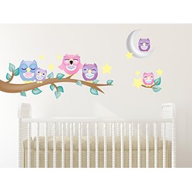 Owl Fabric Wall Decals, Set of 6 Owls with Branch, Stars, and Moon, Repositionable and Reusable