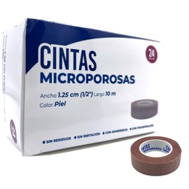 Cintas Microporosas de Tela No Tejida, Ancho 1,25 cm, Largo 10 metros, Color Piel, Envase de 24 Rollos