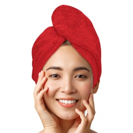 LUXTOGO Hair Turban - 100% Cotton - Premium Quality Hair Towel with Button and Elastic - Quick-Drying Head Towel Turban - Super Absorbent Hair Towel Turban without Microfibre (Red, Pack of 1)