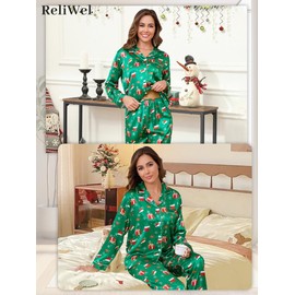 Reliwel Women's Satin Pyjamas with Button Placket Long Sleeve Two Piece Pyjamas Women's Long V-Neck Sleepwear Cosy Classic Loungewear Leisure Suit Pjs for All Seasons, Green Print