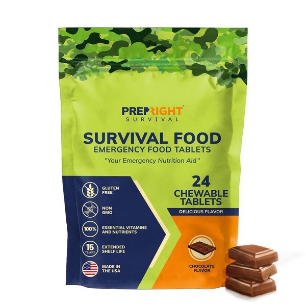 Prep-Right Survival - Survival Food Tabs, MRE for Camping, Hiking, and Prepper Supplies, Long Term Food Storage, Gluten Free and Non GMO, 15 Year Storage Shelf Life, 24 Count, Chocolate