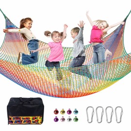 LPIW Climbing Net for Kids - 9.9FT x 6.6FT Double Layers Heavy Duty Playground Safety Net, Climbing Cargo Net for Tree House Tree Fort, Back Yard, Jungle Gyms, Monkey Bar Security Mesh（Rainbow）