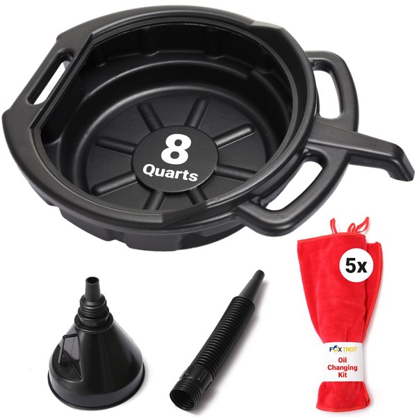 Oil Change Kit - Includes 8-Quart Oil Pan, Longneck Oil Funnel with Removable Filter, and 5 Pack of Shop Towels - Motor Oil Drain pan for Changing Oil - Oil Change Value Kit with by Foxtrot Living