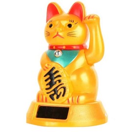 Monkey King Gold Japanese Maneki Neko Solar Powered Feng Shui Lucky Beckoning Waving Cat 5-inch Tall