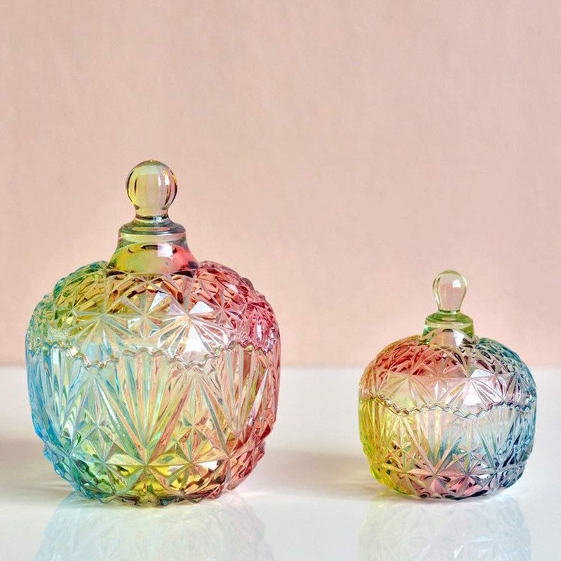 Danmu 1Pc Colorful Glass Storage Jar with Lid Candy Cookie