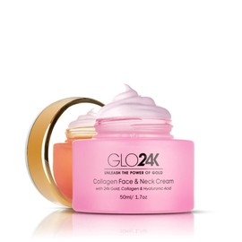 Crema de colágeno para rostro y cuello GLO24K con oro de 24k, colágeno y ácido hialurónico. Aumente los niveles de colageno de su piel para una piel radiante y resplandeciente.