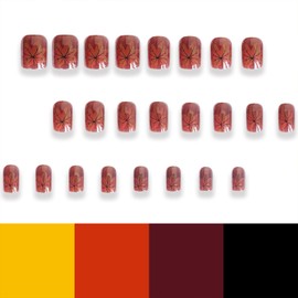 Tyuimhx Fall Maple Leaf Press on Nails Short Square Fake Nails With Designs Thanksgiving False Nails Full Cover Stick on Nails Acrylic Autumn Maple Leaves Artificial Nails for Women 24 Pcs