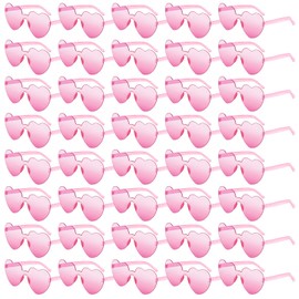 SUNOVELTIES 40 Pcs Heart Shaped Rimless Sunglasses Bulk Pink Color Frameless Glasses Colorful Party Eyewear for Women