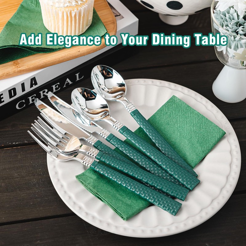 N9R 90pcs Silver and Green Disposable Silverware Set, Elegant Plastic