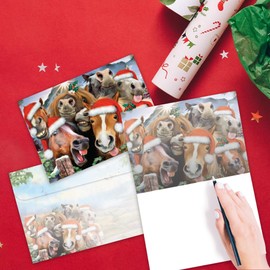 Tree-Free Greetings Horsing Around Holiday Cards - 10 Recycled 5x7 Cards & Matching Envelopes, Thick Cardstock, Sustainably Made in USA - Silly Farm Animals