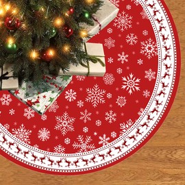 Christmas Tree Skirt Red Large 48in Tree Base Cover White Snowflake & Red Reindeer Christmas Xmas Tree Collar Decoration for Winter New Year Holiday Party Decor