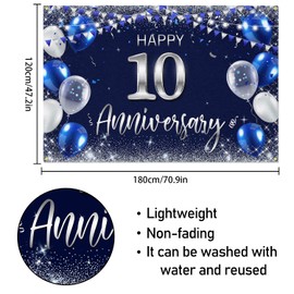 Happy 10th Anniversary Backdrop Banner Decor Navy Blue – Silver Glitter Happy 10 Years Wedding Anniversary Party Theme Decorations for Women Men Supplies