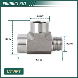 GORAGUCHI 1PCS Forging of 304 Cast Stainless Steel Tee Pipe Fittings, 1/8" NPT Female x Female x Male Pipe Fittings, Male Run Tee for Air/Fuel/Water/Gas/Oil