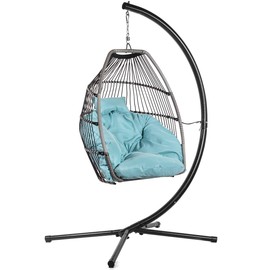 Barton Premium Egg Style Hanging Chair Blue w/Deep Cushion Soft Relaxing Luxury Outdoor Indoor Patio Bedroom Hanging Swinging