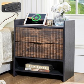 Farmhouse Black Nightstand with Charging Station, Fluted Bedroom Night Stand, Modern Mid-Century Bedside Table End Table with Storage Shelf, 2 Drawer Dresser with Outlet, USB, Type-C Port, Black&Brown