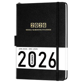 2026 Planner - 2026 Planner Weekly and Monthly, Jan. 2026 - Dec. 2026, 5.7'' x 8.4'', Leather Cover, Back Pocket & 2 Bookmarks, Pen Holder, Thick Paper - Luxurious Black