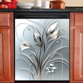 BlissYard Grey Metal Silver Flower Leaf Pattern Magnetic Dishwasher Cover Sheet Polishing Dishwasher Skin Decor Anti-Scratch Kitchen Decorative Magnetic Stickers Fridge Refrigerator Panel 23x26 Inch