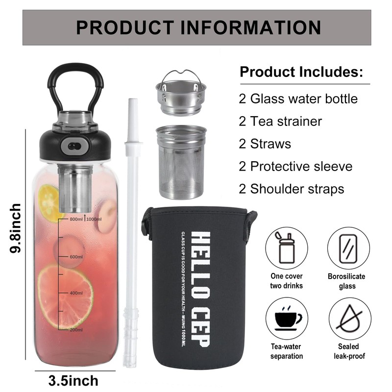 wangsdjy 34oz Glass Water Bottle with Straw, Infuser & Protective