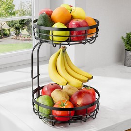 Sakugi Fruit Basket for Kitchen Counter - 2-Tier Large Capacity Fruit Bowl with Detachable Banana Hanger, Rust-Proof Metal Fruit Holder for Vegetables, Bread, Toiletry,10" D x 10" W x 14" H, Black