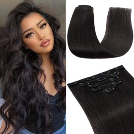 S-noilite Clip in Hair Extensions Real Human Hair,5Pcs Remy Natural Hair Extension Double Weft Thick Silky Seamless Clip in Hair Extensions for Women- #01 Jet Black-18 Inch(70g)