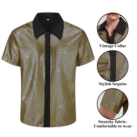 Ezuwail Men's 70s Disco Outfit Costume Short Sleeve Shirts Flared Pants Wigs Necklace Moustache Sunglasses 6 Pieces