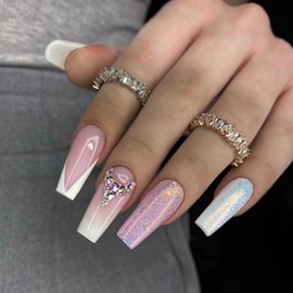 AKOFIC Pack of 24 Press on Nails Short, Coffin French Artificial Nails, Glue-On Nails with Nail Glue, Square White Nude Acrylic Fake Nails for Women and Girls