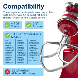 Stainless Steel 3 Piece Kit Attachments for KitchenAid 4.5-5 Quart Tilt-Head Stand Mixers Artisan Series & Classic Series by MMOBIEL – K45 6-Wire Whip, Flat Beater and Dough Hook – Dishwasher Safe
