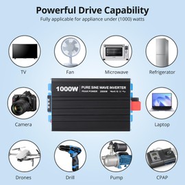 1000W Pure Sine Wave Inverter - 12v to 120v Inverter Built-in 5V/2.1A USB Port with Hardwire Remote Controller, LED Indicator/Display,for Home, Rv, Truck