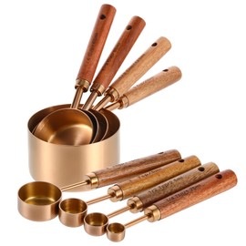 8-Piece Stainless Steel Measuring Cups and Spoons Set - Rose Gold Baking Measuring Cups and Spoons Set with Wooden Handles for Cooking & Baking (US & Metric Measurements)
