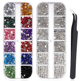 ZUWIJEQ Pack of 2400 Rhinestones for Nails, Nail Glitter, Sequins, Nail Stickers with Crystals, Diamonds for Nail Art, Including Rhinestone Picker Tweezers, Multicoloured Various Sizes