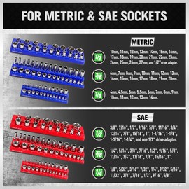 Magnetic Socket Organizer Set, 6PCS Magnetic Socket Holder, 1/4", 3/8", 1/2" Socket Holds 143 Pieces Magnetic Socket Trays (Blue&red, 6 Pcs)