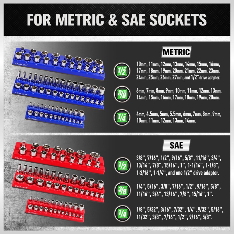 Magnetic Socket Organizer Set, 6PCS Magnetic Socket Holder, 1/4", 3/8",