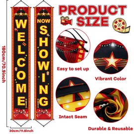 Movie Night Porch Sign Banner 12Pcs Movie Signs Cards for Home Film Backdrop Party Decoration Welcome Now Showing Door Hanging Banner Night Cutouts for Theater Photography Family Party Supplies