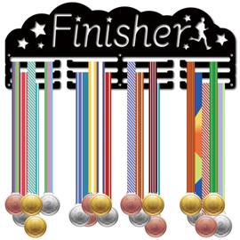 CREATCABIN Finisher Sport Medal Hanger Iron Medal Holder Display Wall Mounted Badge Ribbon Exhibition Rack 3 Lines Separate Hooks for Basketball Football Running Athlete Winners 15.7x5.9in