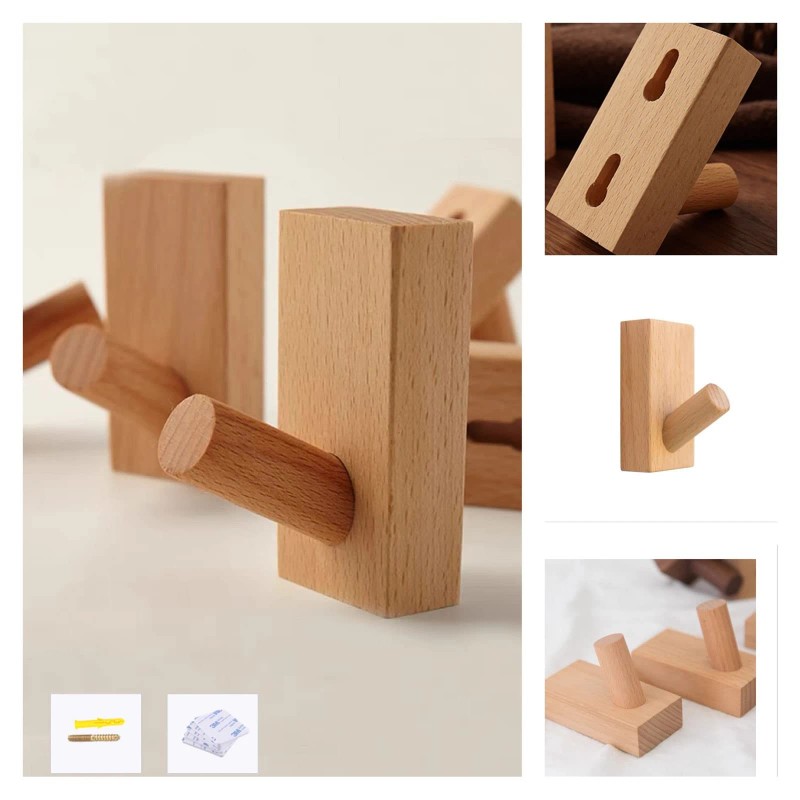 Homedo 4Pack Adhesive Wall Hooks Hat Rack, Wooden Coat Hooks