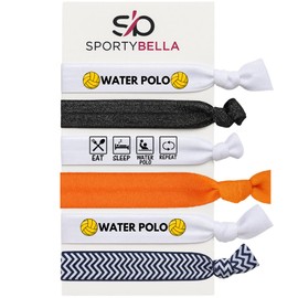 Water Polo Hair Ties Set – 6pc No-Crease Elastic Ponytail Holders with “Eat Sleep Water Polo Repeat” and Ball Designs, Chevron, Orange and Black Glitter Bands, Accessories for Girls or Athletes