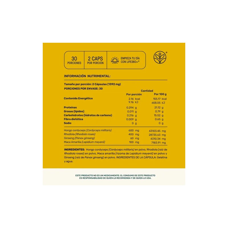 Rhodiola Maca Life 360+ Fuel Up Blend 60 Cápsulas Cordyceps
